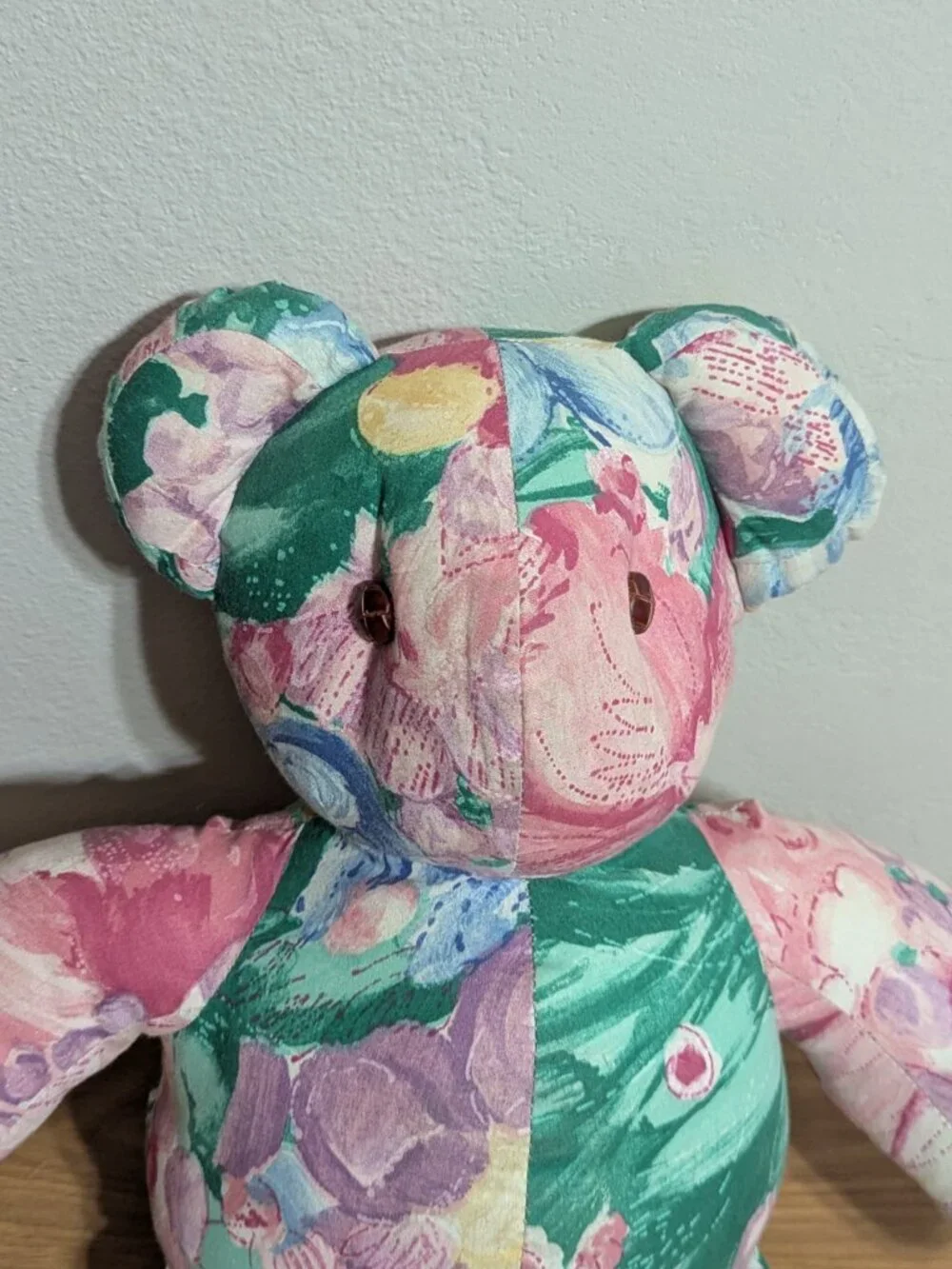 VINTAGE HANDMADE FLORAL FABRIC TEDDY BEAR